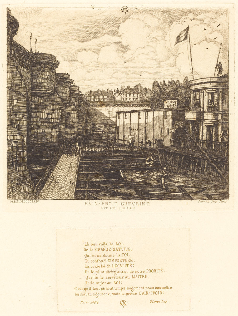 Bain-froid chevrier, dit "de l'École" (Chevrier's Cold-Bath Establishment, Sometimes called the "School-Baths") by Charles Meryon (French, 1821 - 1868), 16X12"(A3)Poster Print