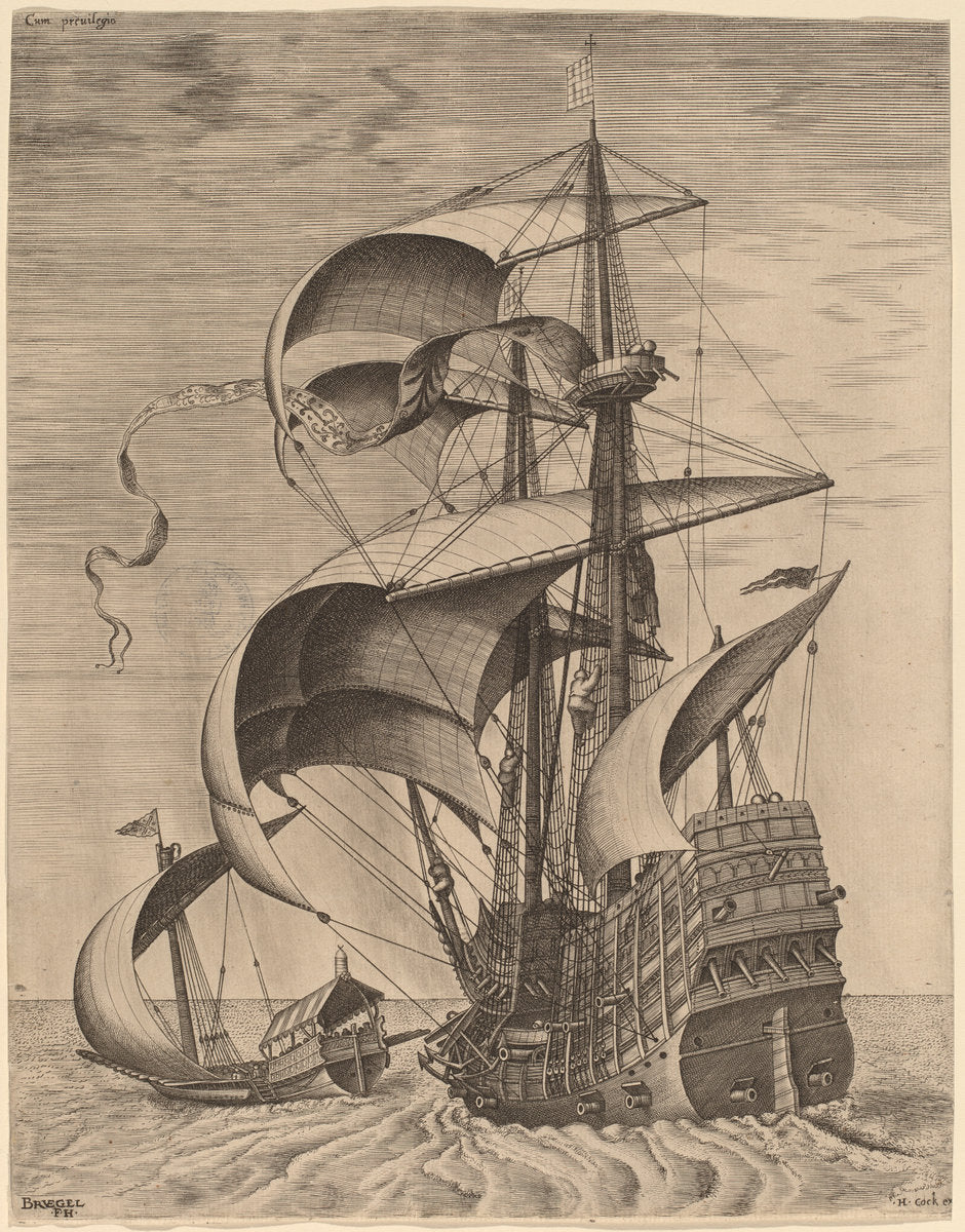 Armed Three-Master on the Open Sea, Accompanied by a Galley by Frans Huys after Pieter Bruegel the Elder (Flemish, 1522 - 1562), 16X12"(A3)Poster Print