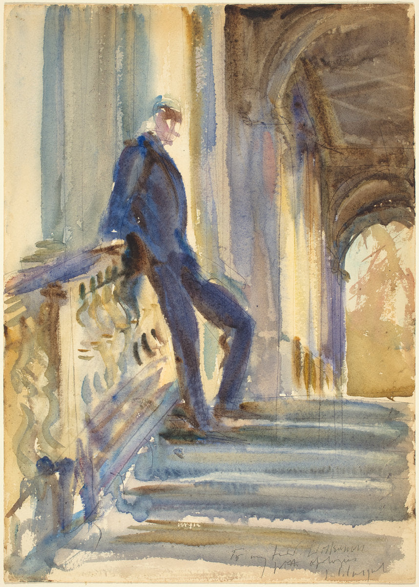Sir Neville Wilkinson on the Steps of the Palladian Bridge at Wilton House by John Singer Sargent (American, 1856 - 1925), 16X12"(A3)Poster Print