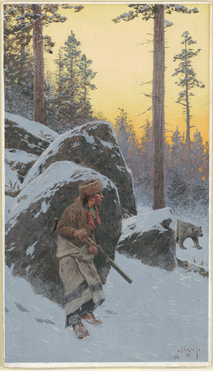 The Indian Bear Hunter by Henry Farny (American, born France, 1847 - 1916), 16X12"(A3)Poster Print