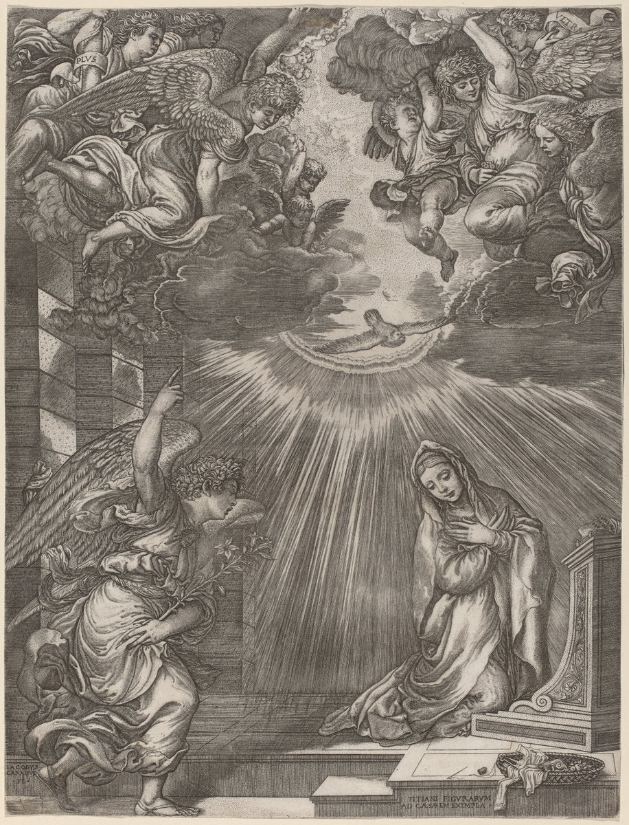 The Annunciation by Gian Jacopo Caraglio after Titian (Italian, c. 1500 - 1565), 16X12"(A3)Poster Print