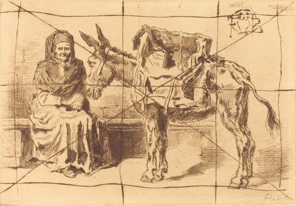 Cacoletière Assise (Seated Woman and Ass) by Félix-Hilaire Buhot (French, 1847 - 1898), 16X12"(A3)Poster Print