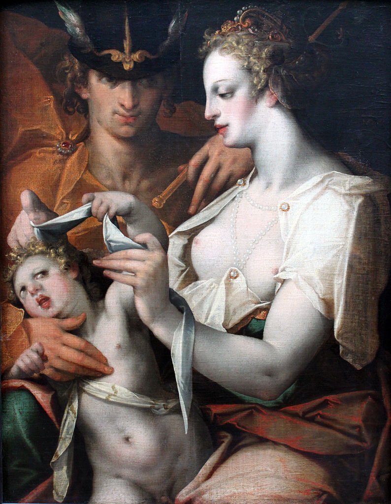 Venus and Mercury Blindfold Cupid, vintage artwork by Bartholomaeus Spranger, 12x8" (A4) Poster