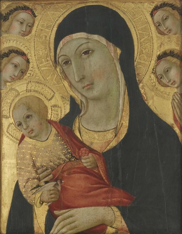 Virgin and Child with Four Adoring Angels, vintage artwork by Sano di Pietro, A3 (16x12") Poster Print