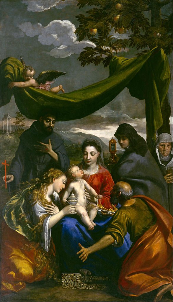 Virgin and Child with Saints Mary Magdalene, Peter, Clare, Francis, and an Abbess, vintage artwork by Ippolito Scarsella, A3 (16x12") Poster Print