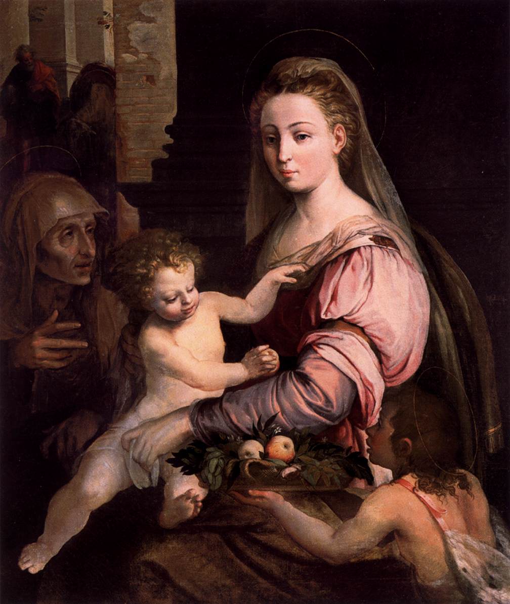 Virgin and Child with St Anne and the Infant St John, vintage artwork by Lambert Sustris, A3 (16x12") Poster Print