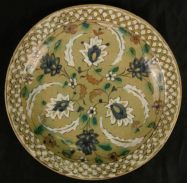 :Dish with Floral Designs on an Olive Background 16th–17th c-16x12"(A3) Poster