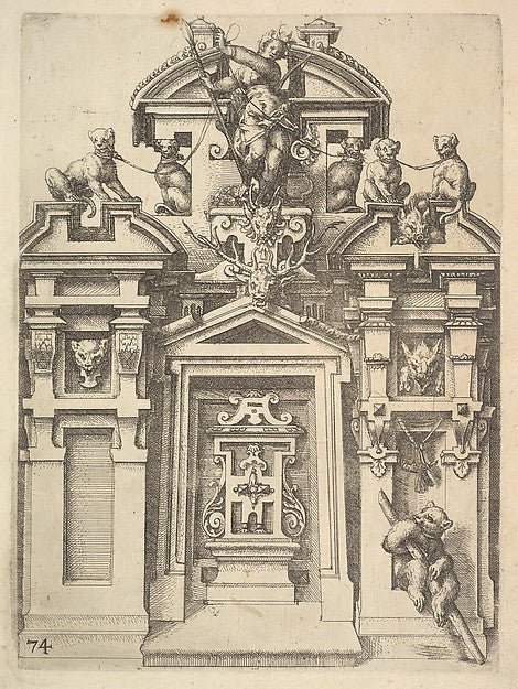 Wendel Dietterlin, the Elder:Design for an Architectural Structure with a Hunting Theme Plate 74 from Dietterlin's Architettura 1598, vintage artwork, 16x12"(A3) Poster Print