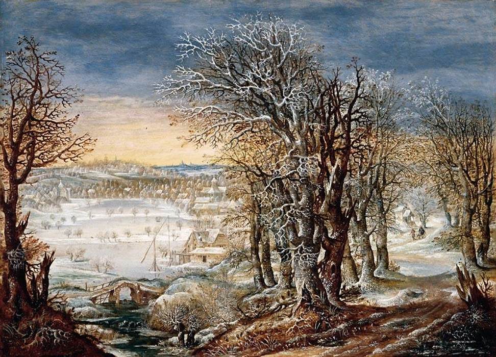 Winter Landscape in the Fôret de Soignes, vintage artwork by Denijs van Alsloot, 12x8" (A4) Poster