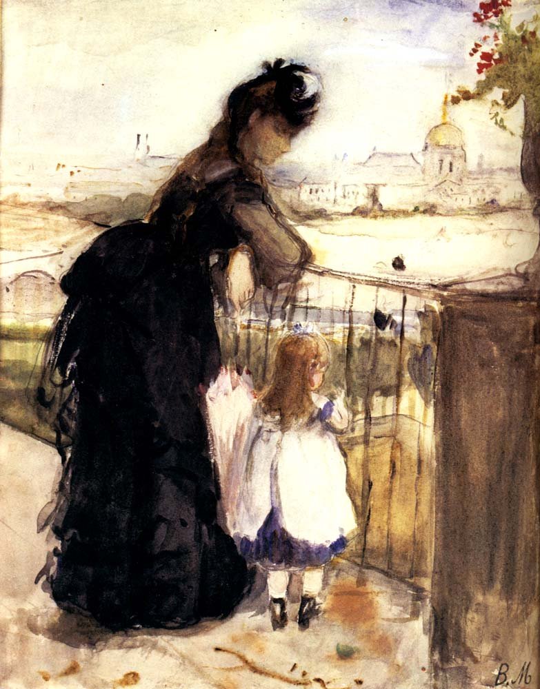 Woman and child on  a balcony by Berthe Morisot, 1870, vintage art, modern poster print