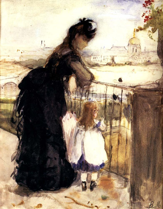 Woman and child on  a balcony by Berthe Morisot, 1870, vintage art, modern poster print