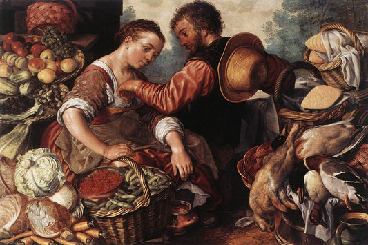 Woman Selling Vegetables, vintage artwork by Joachim Beuckelaer, 12x8" (A4) Poster
