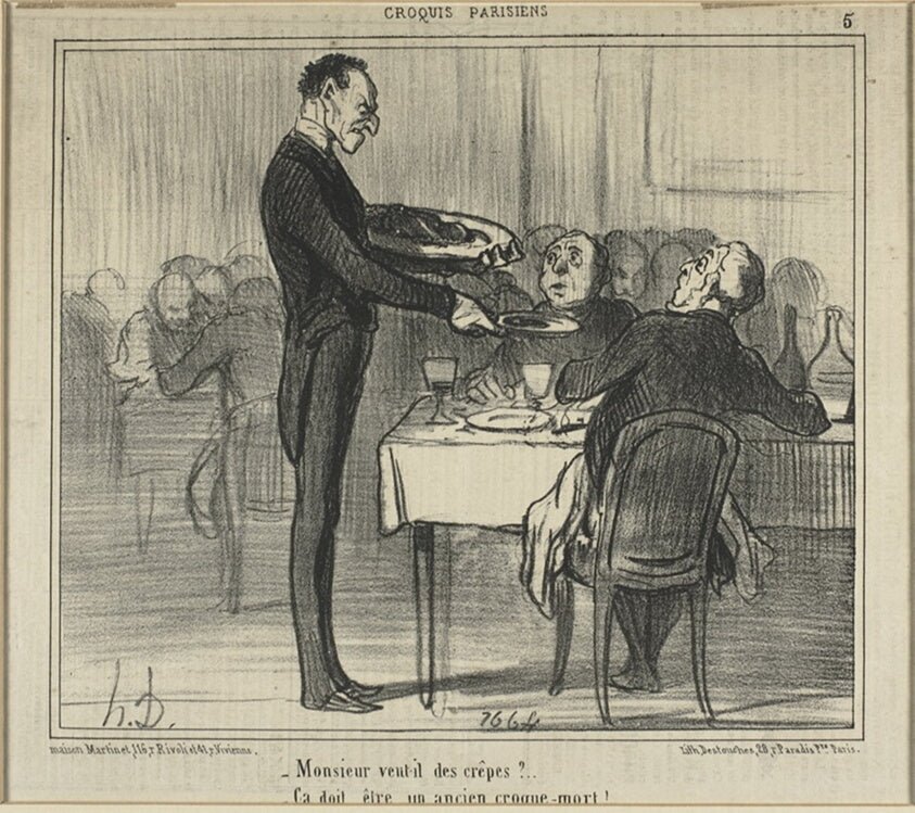 Would Monsieur like some crêpes?.. - He must have been an undertaker, plate five from Croquis Parisiens (Parisian Sketches) by Honore Victorin Daumier (French, 1808-1879),23x16"( A2 size ) Poster Print