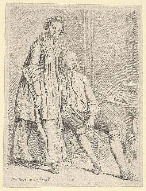 Young Couple with Flute & Lute 1725–78-Johann Gottlieb Glume , vintage art, A3 (16x12") Poster Print