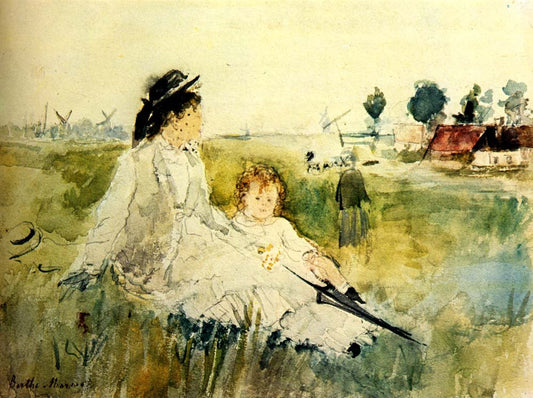 Young woman and child in grass  by Berthe Morisot, 1875, vintage art, modern poster print