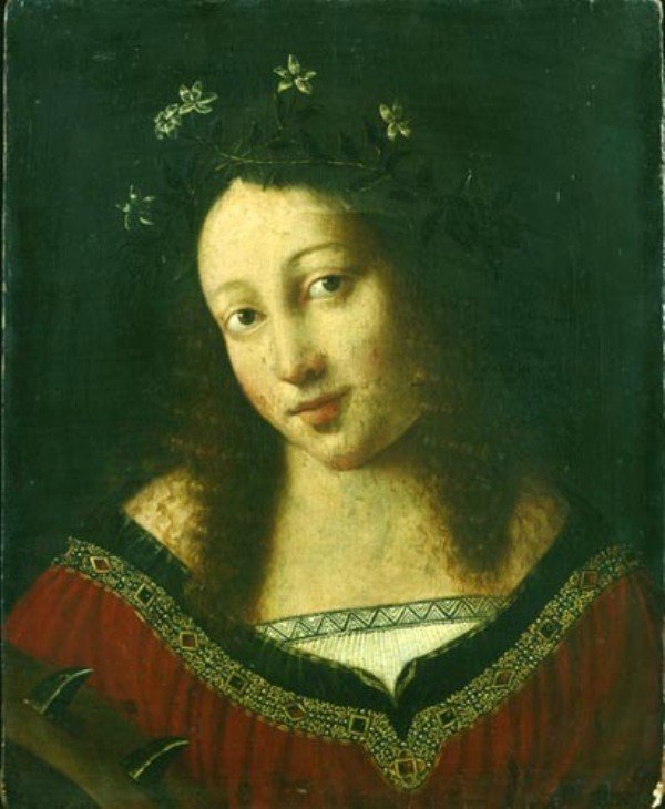 Young Woman as Saint Catherine, vintage artwork by After Bartolomeo Veneto, A3 (16x12") Poster Print