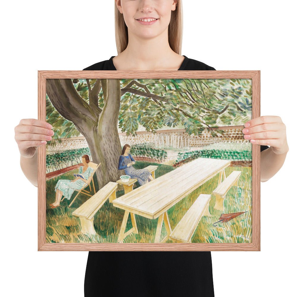 1930s Tirzah Garwood and Charlotte Bawden in Brick House - Great Bardfield Two Women in A Garden by Eric Ravilious, Framed poster