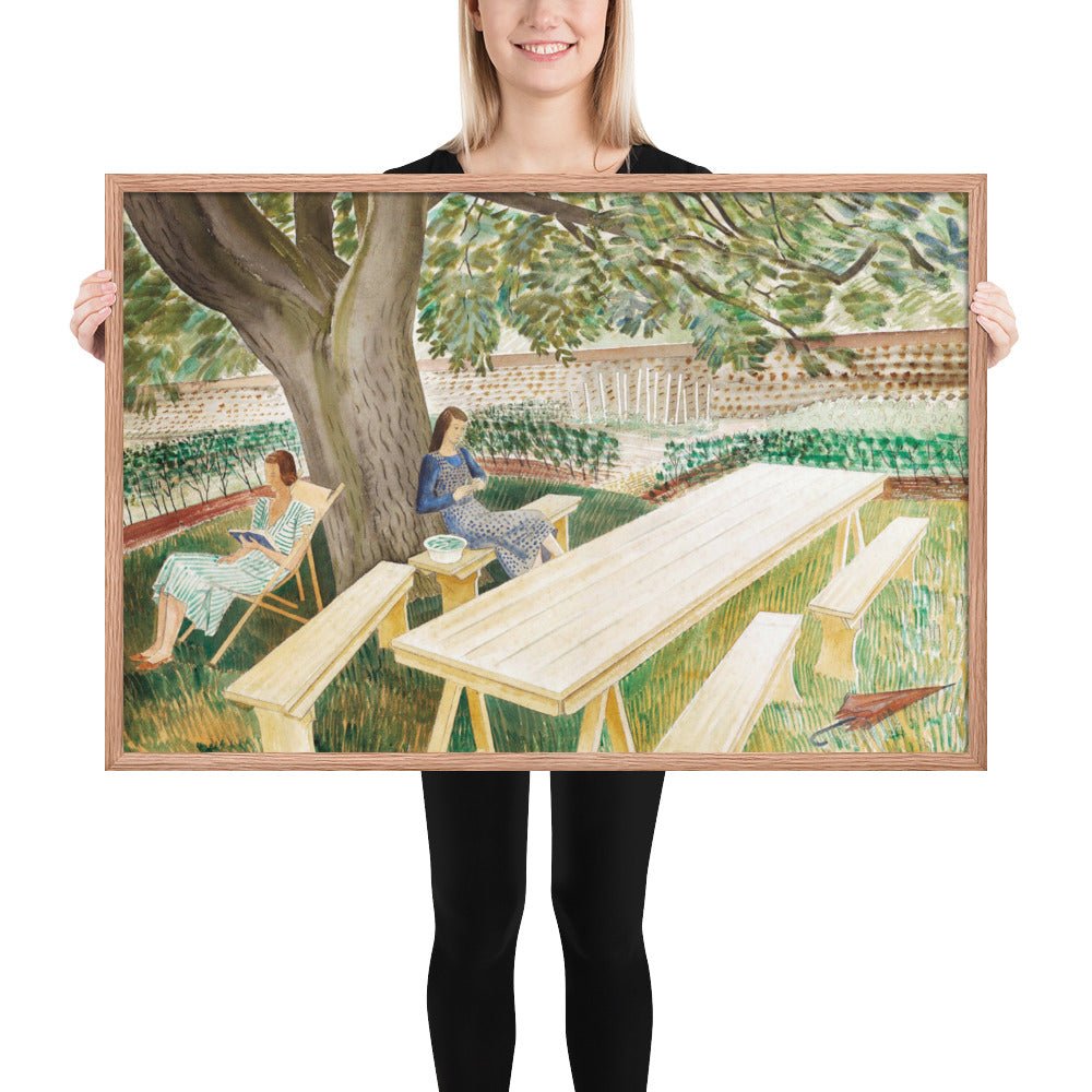 1930s Tirzah Garwood and Charlotte Bawden in Brick House - Great Bardfield Two Women in A Garden by Eric Ravilious, Framed poster