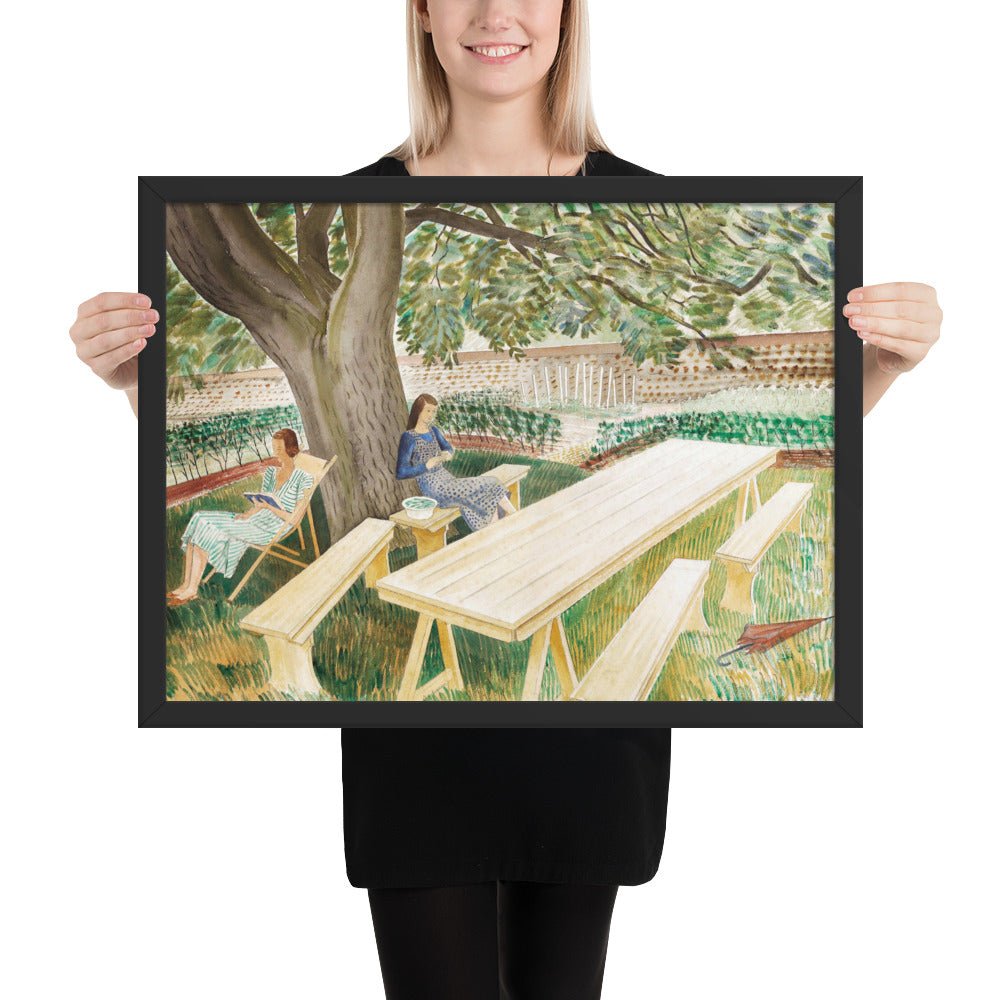 1930s Tirzah Garwood and Charlotte Bawden in Brick House - Great Bardfield Two Women in A Garden by Eric Ravilious, Framed poster
