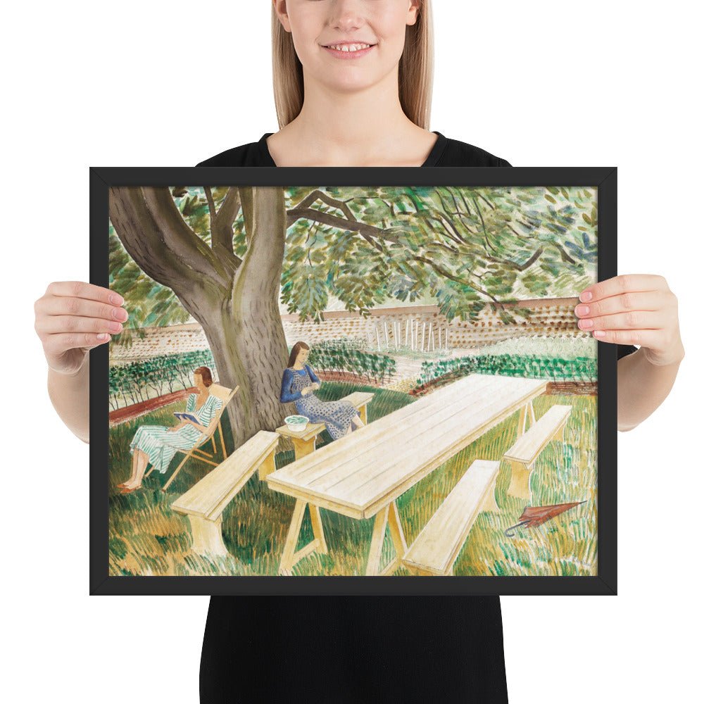 1930s Tirzah Garwood and Charlotte Bawden in Brick House - Great Bardfield Two Women in A Garden by Eric Ravilious, Framed poster