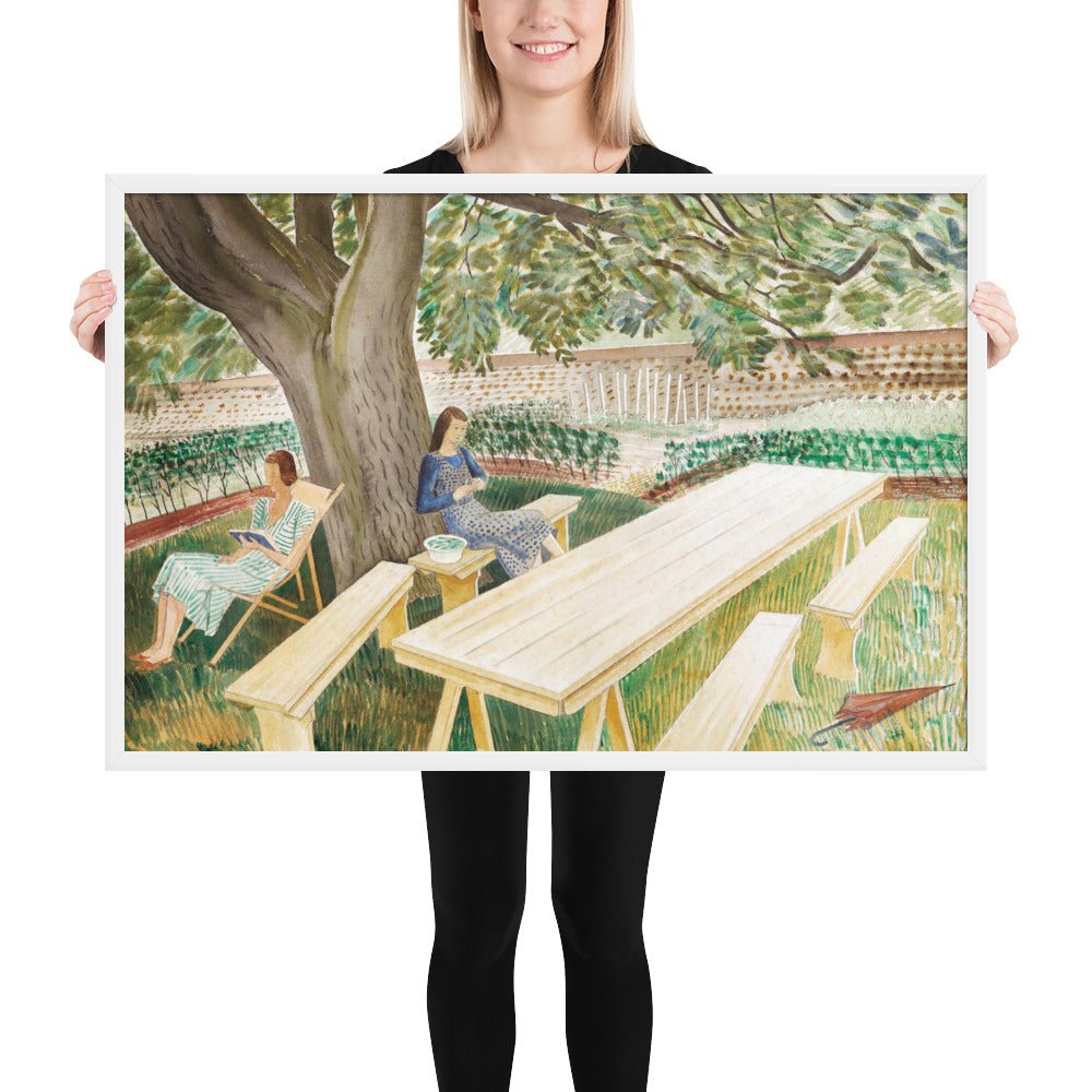 1930s Tirzah Garwood and Charlotte Bawden in Brick House - Great Bardfield Two Women in A Garden by Eric Ravilious, Framed poster