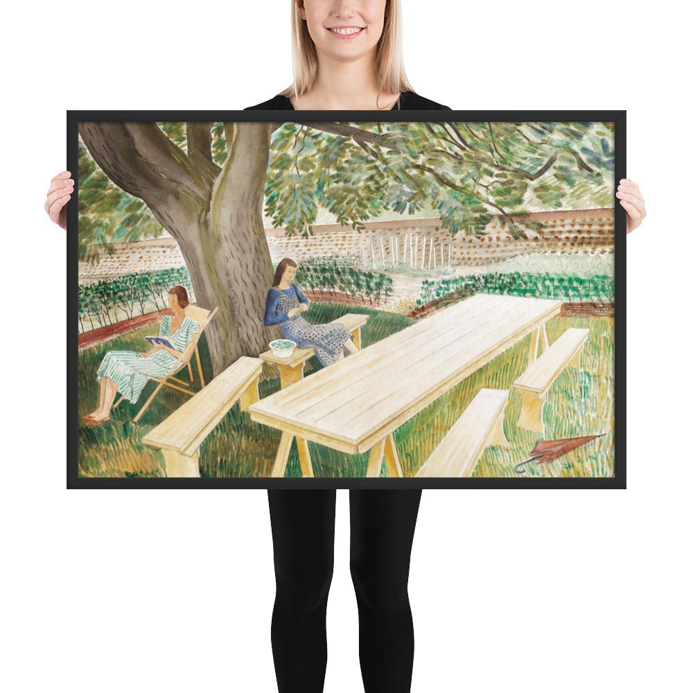 1930s Tirzah Garwood and Charlotte Bawden in Brick House - Great Bardfield Two Women in A Garden by Eric Ravilious, Framed poster