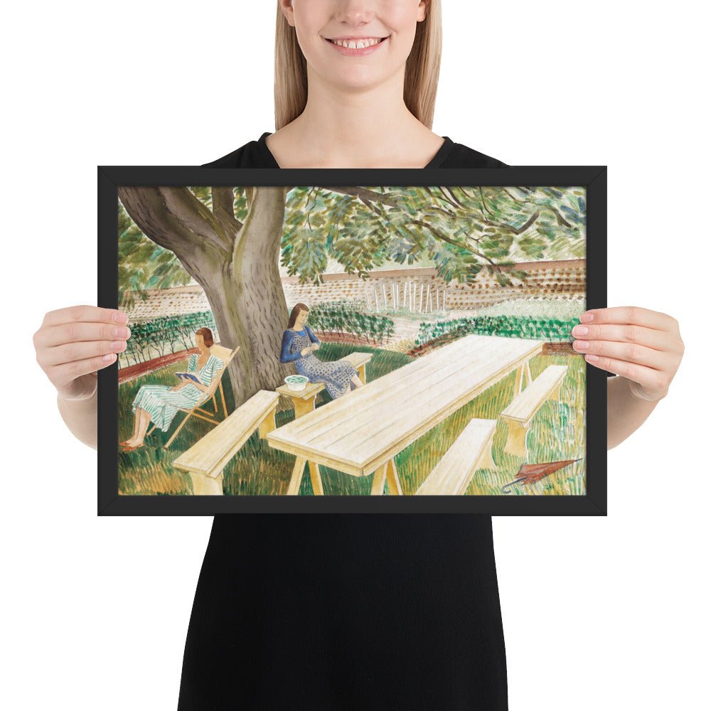 1930s Tirzah Garwood and Charlotte Bawden in Brick House - Great Bardfield Two Women in A Garden by Eric Ravilious, Framed poster