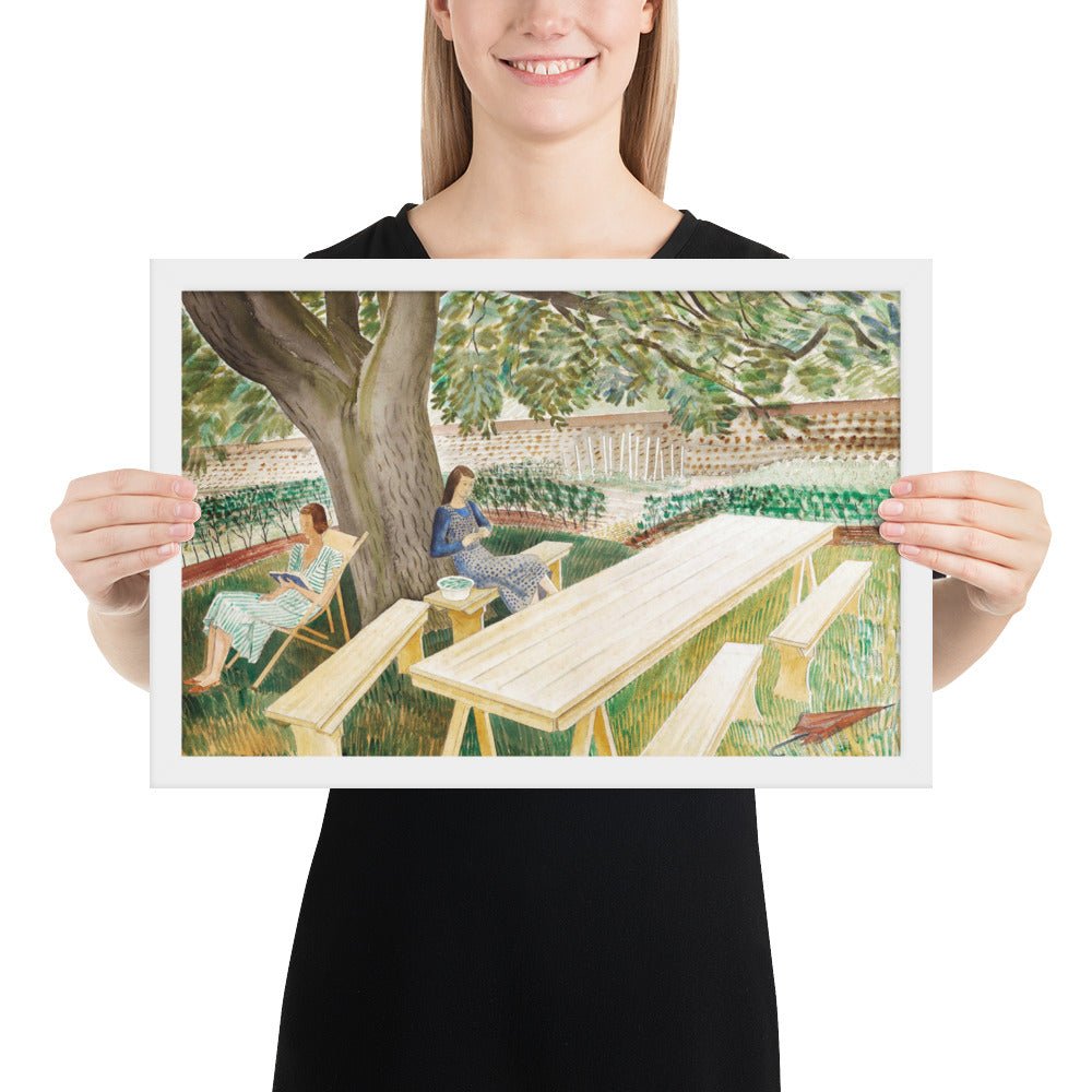 1930s Tirzah Garwood and Charlotte Bawden in Brick House - Great Bardfield Two Women in A Garden by Eric Ravilious, Framed poster