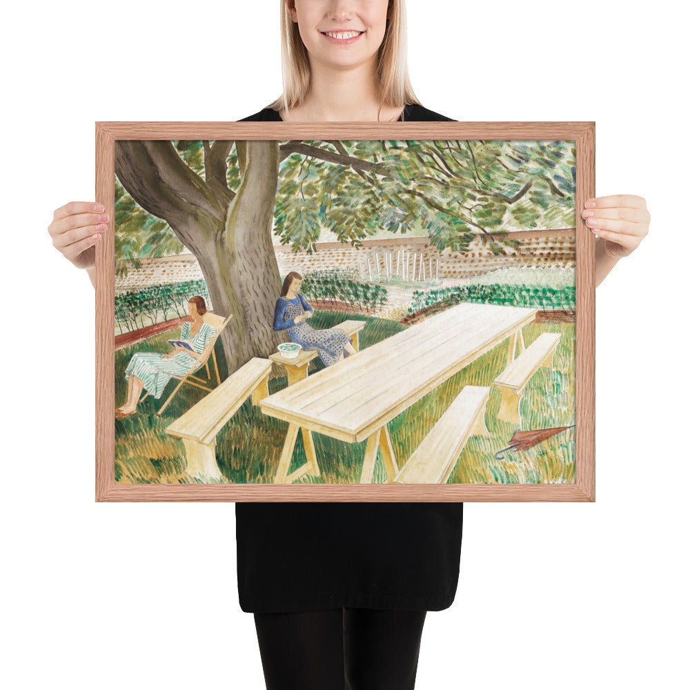 1930s Tirzah Garwood and Charlotte Bawden in Brick House - Great Bardfield Two Women in A Garden by Eric Ravilious, Framed poster