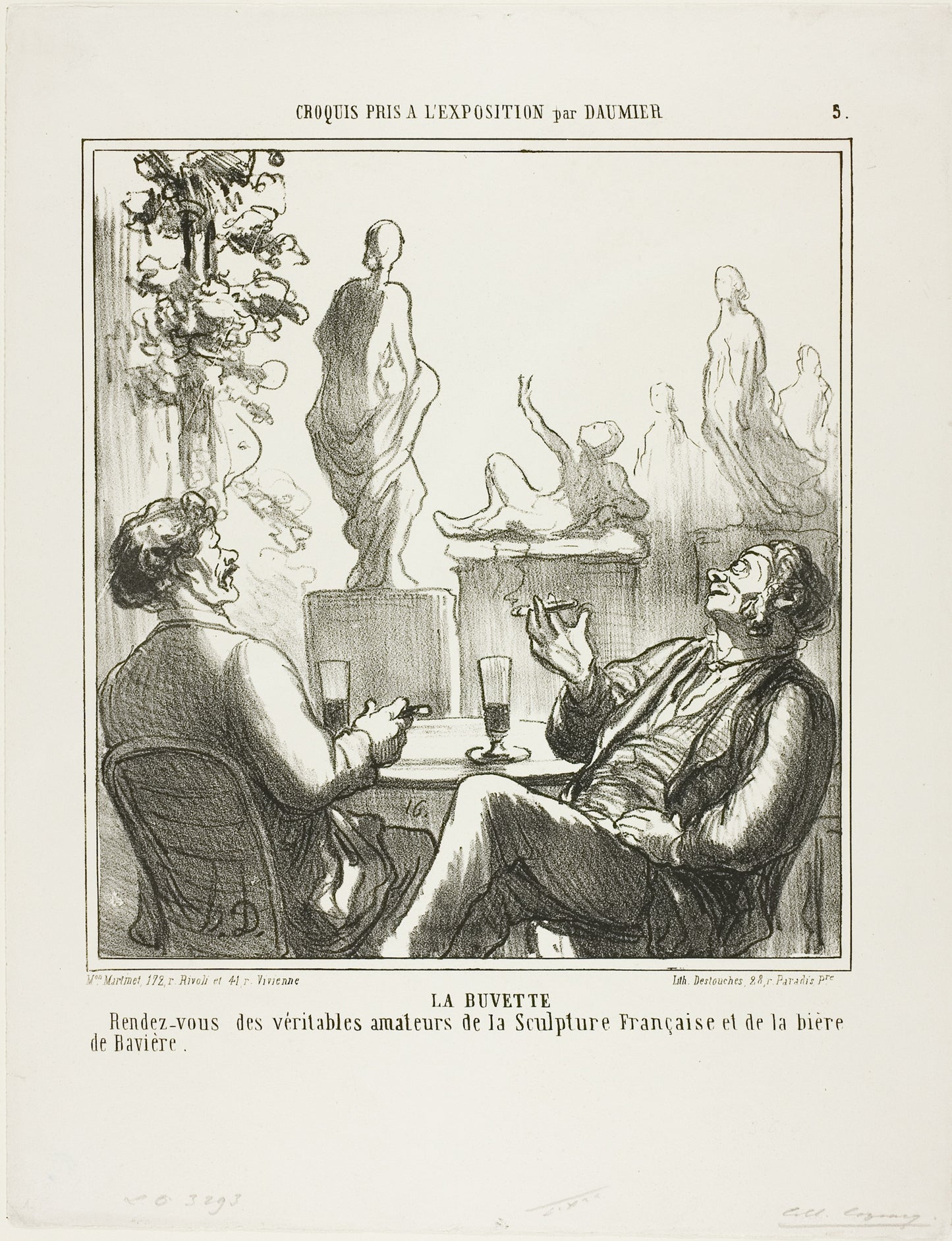 At The Bar. Meeting point for the True lovers of French sculpture and Bavarian beer, plate 5 from Croquis pris à l'exposition -  Honoré Victorin Daumier,  Poster Print Wall Art