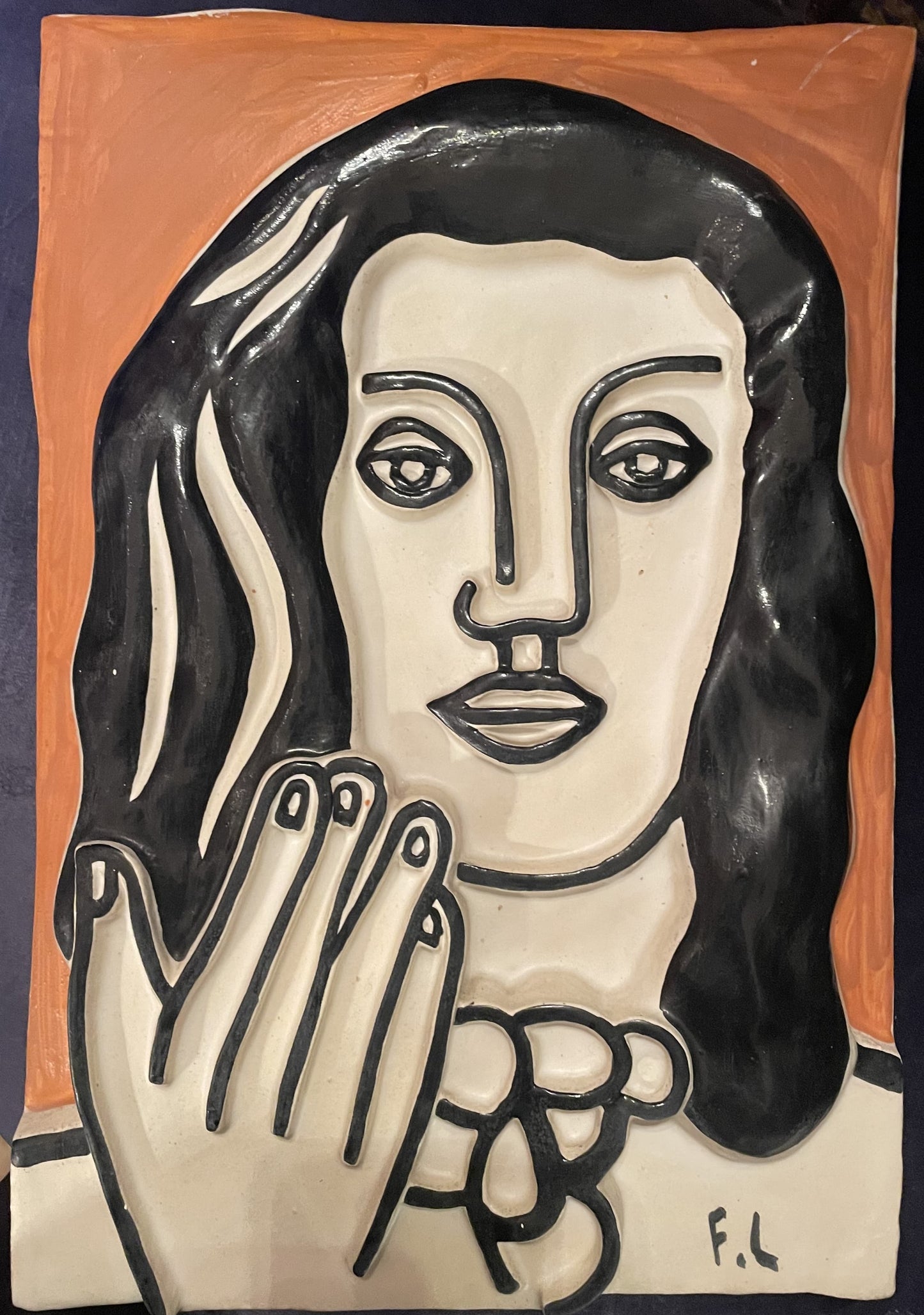 Portrait of Nadia, Visage à une main sur fond ocre by Fernand Léger