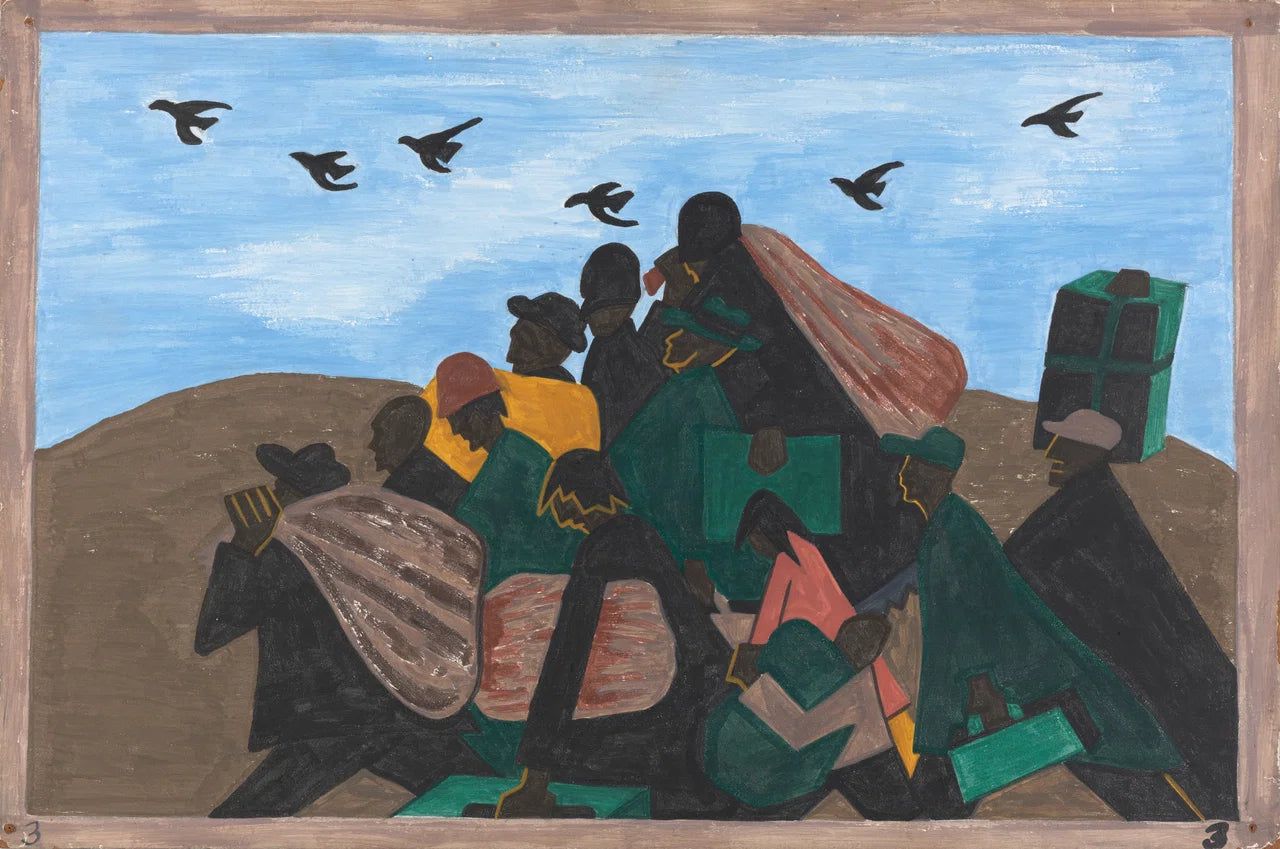 From every southern town migrants left by the hundreds to travel north by Jacob Lawrence