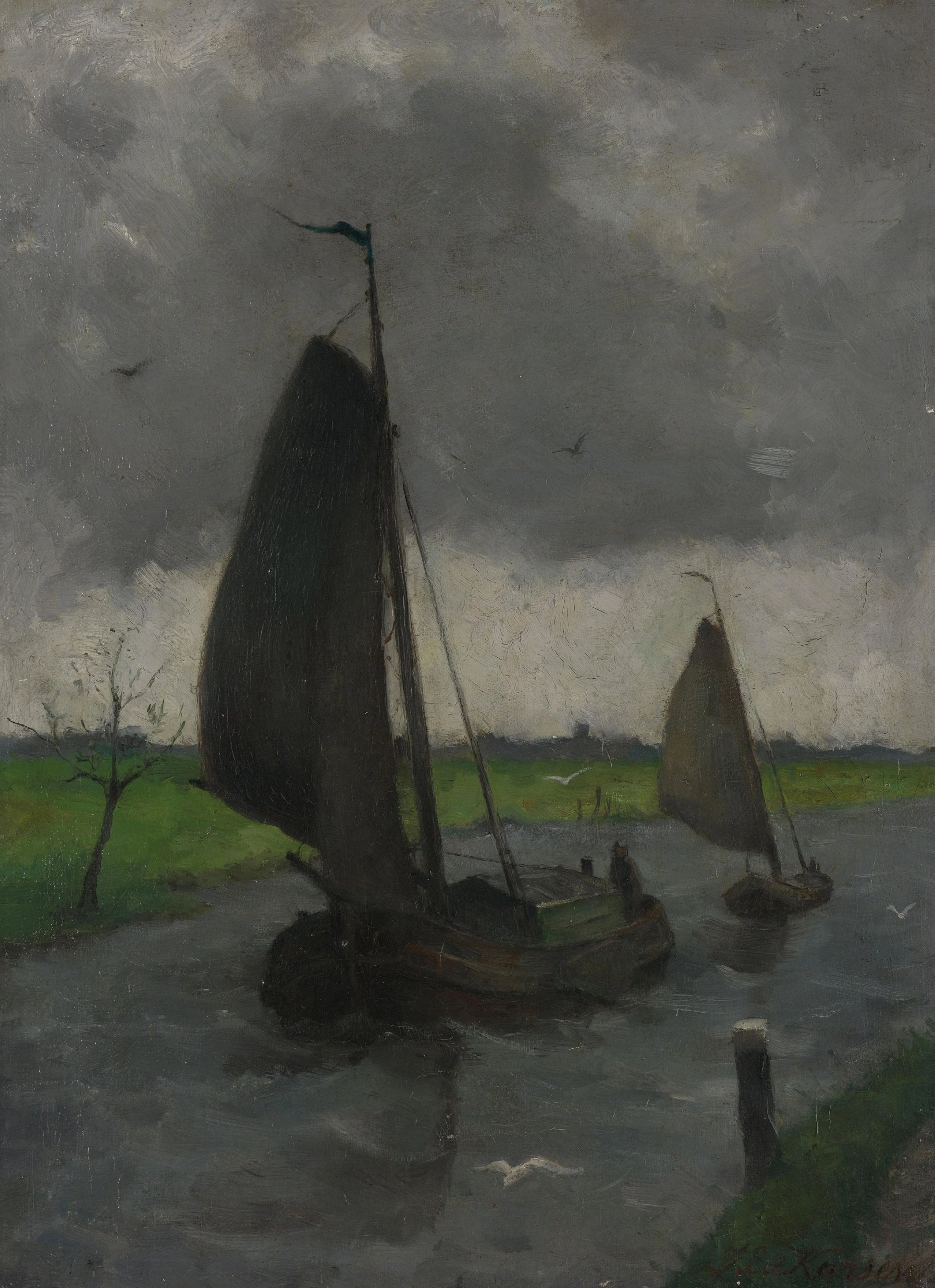 Watercourse with Sail Barges – Eduard Karsen Vintage Marine Scene Art Print | Wall Art Poster