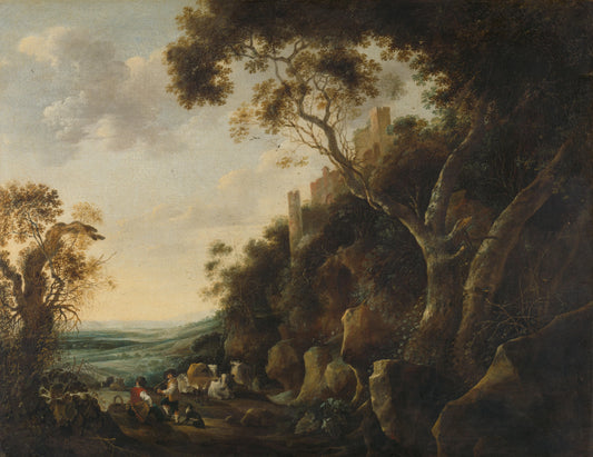 Landscape with Herdsmen – Gijsbert Gillisz. de Hondecoeter (vermeld op object) Vintage Landscape Art Print | Wall Art Poster