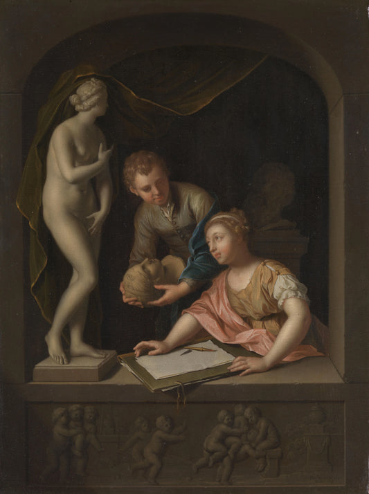 A Girl Drawing and a Boy near a Statue of Venus – Pieter van der Werff Vintage Art Print | Wall Art Poster