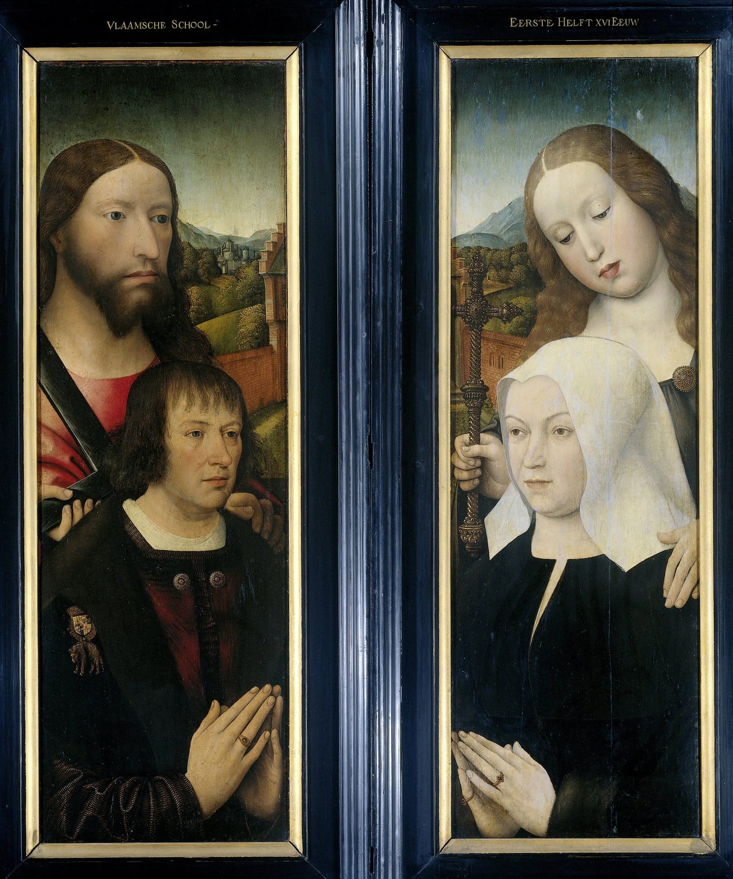 Two Wings of a Triptych with the Donor, Thomas Isaacq, accompanied by Saint Thomas (left, outer wing), and the Donor's Wife accompanied by Saint Margaret (right, outer wing) – Master of the Magdalen Legend Vintage Art Print | Wall Art Poster