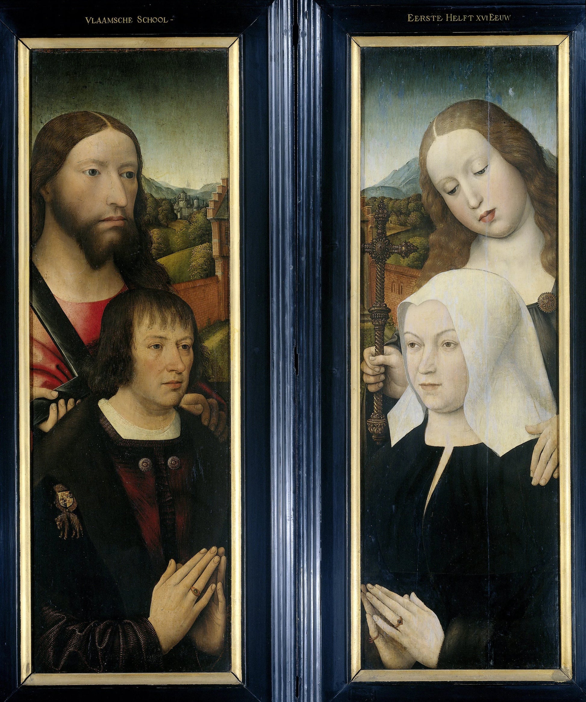 Two Wings of a Triptych with the Donor, Thomas Isaacq, accompanied by Saint Thomas (left, outer wing), and the Donor's Wife accompanied by Saint Margaret (right, outer wing) – Master of the Magdalen Legend Vintage Art Print | Wall Art Poster