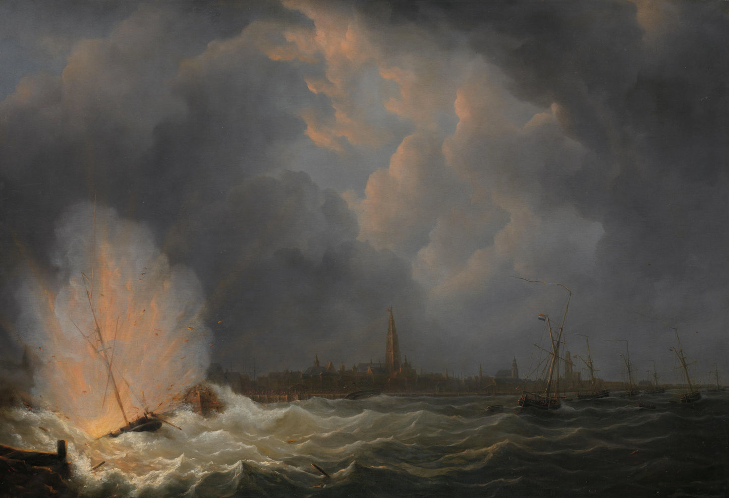 The Explosion of Gunboat nr 2, under Command of Jan van Speyk, off Antwerp, 5 February 1831 – Martinus Schouman Vintage Cityscape Art Print | Wall Art Poster