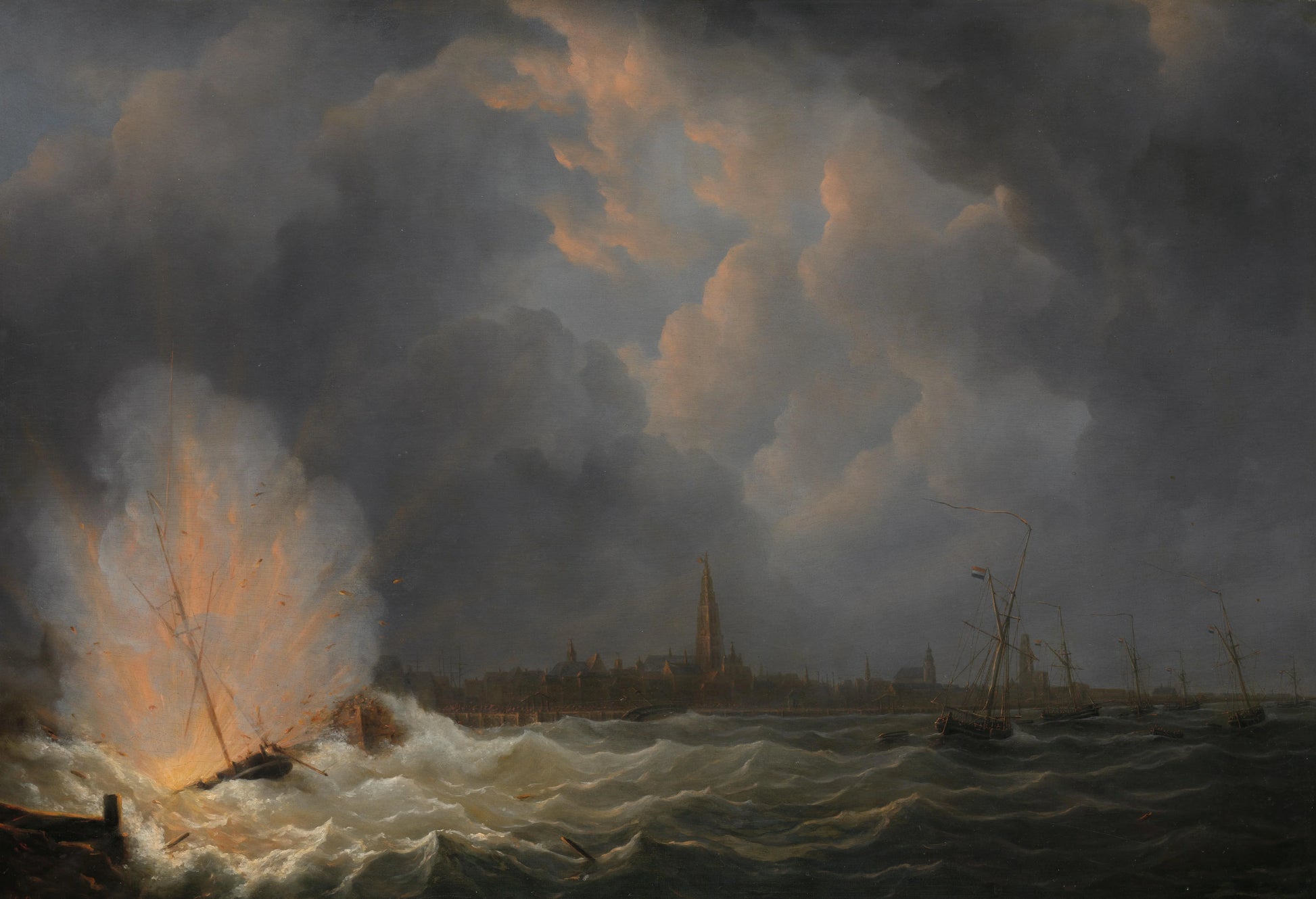 The Explosion of Gunboat nr 2, under Command of Jan van Speyk, off Antwerp, 5 February 1831 – Martinus Schouman Vintage Cityscape Art Print | Wall Art Poster