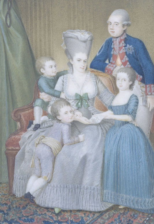 Willem V (1748-1806), prins van Oranje-Nassau, met zijn vrouw Frederika Sophia Wilhelmina van Pruisen en hun kinderen Frederica Louisa Wilhelmina, Willem Frederik en Willem George Frederik – Pieter le Sage Vintage Art Print | Wall Art Poster