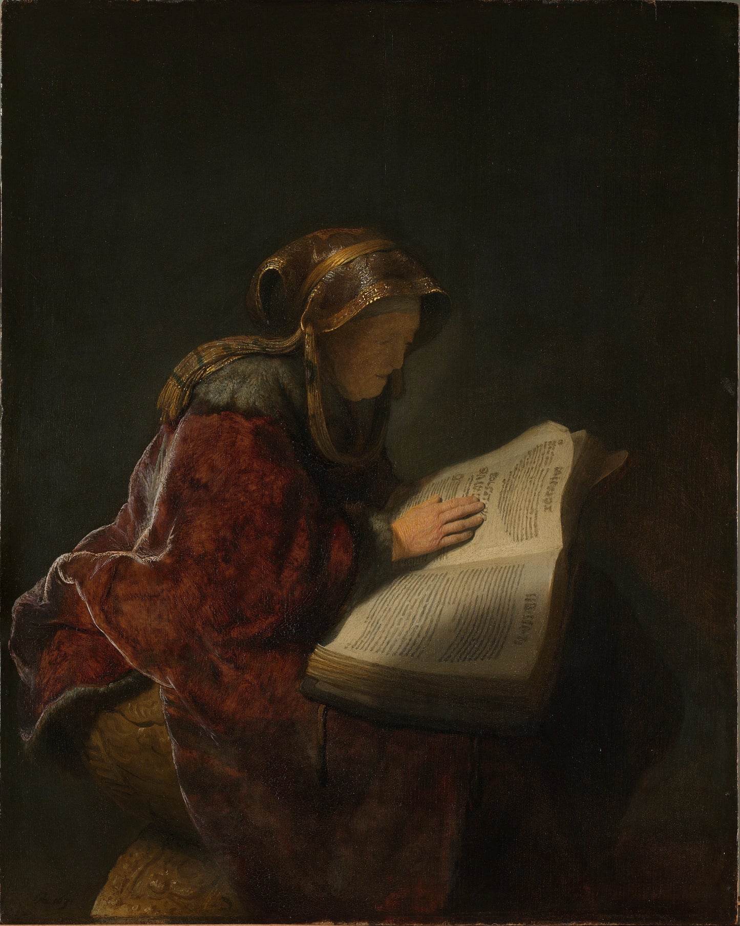 Old Woman Reading, Probably the Prophetess Anna – Rembrandt van Rijn (mentioned on object) Vintage Religious Scene Art Print | Wall Art Poster
