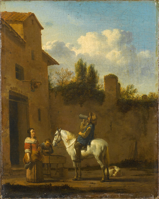 Mounted Trumpeter Taking a Drink – Karel du Jardin Vintage Landscape Art Print | Wall Art Poster
