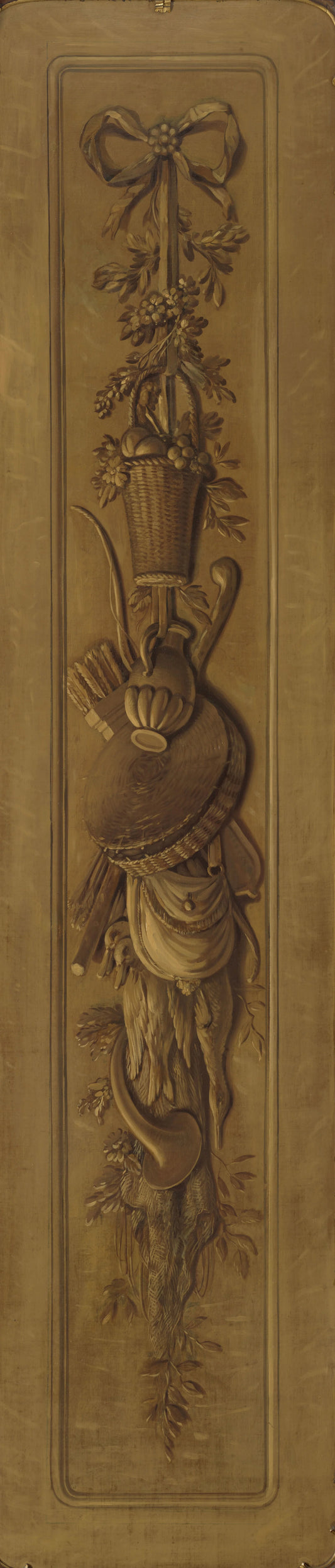 Schildering in grisaille met een aan een strik opgehangen trofee – atelier van Jurriaan Andriessen Vintage Art Print | Wall Art Poster