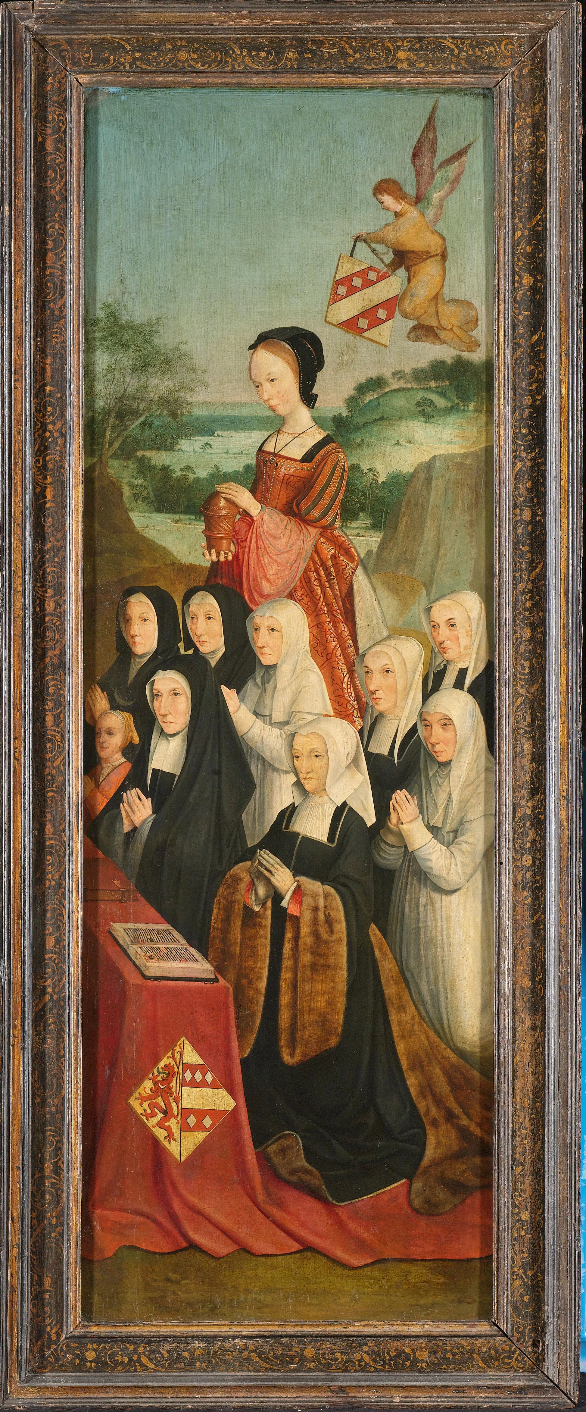 Memorial Panel with Nine Female Portraits, probably Kathrijn Willemsdr van der Graft and Family, with Saint Mary Magdalene and the Van Soutelande Family and Van der Graft-Van Soutelande Crests, inner right wing of an altarpiece – Meester van Alkmaar Vinta