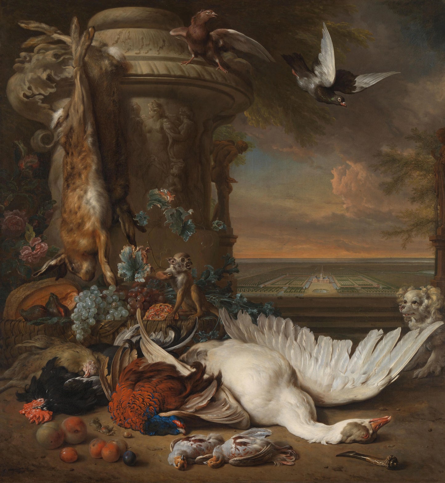 Hunting and Fruit Still Life next to a Garden Vase, with a Monkey, Dog and two Doves, in the distance Rijksdorp near Wassenaar, Seat of Jacob Emmery, Baron of Wassenaar – Jan Weenix Vintage Landscape Art Print | Wall Art Poster