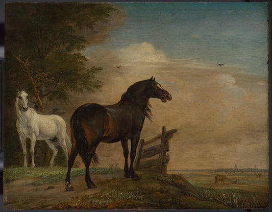 Two Horses in a Meadow near a Gate – Paulus Potter Vintage Landscape Art Print | Wall Art Poster