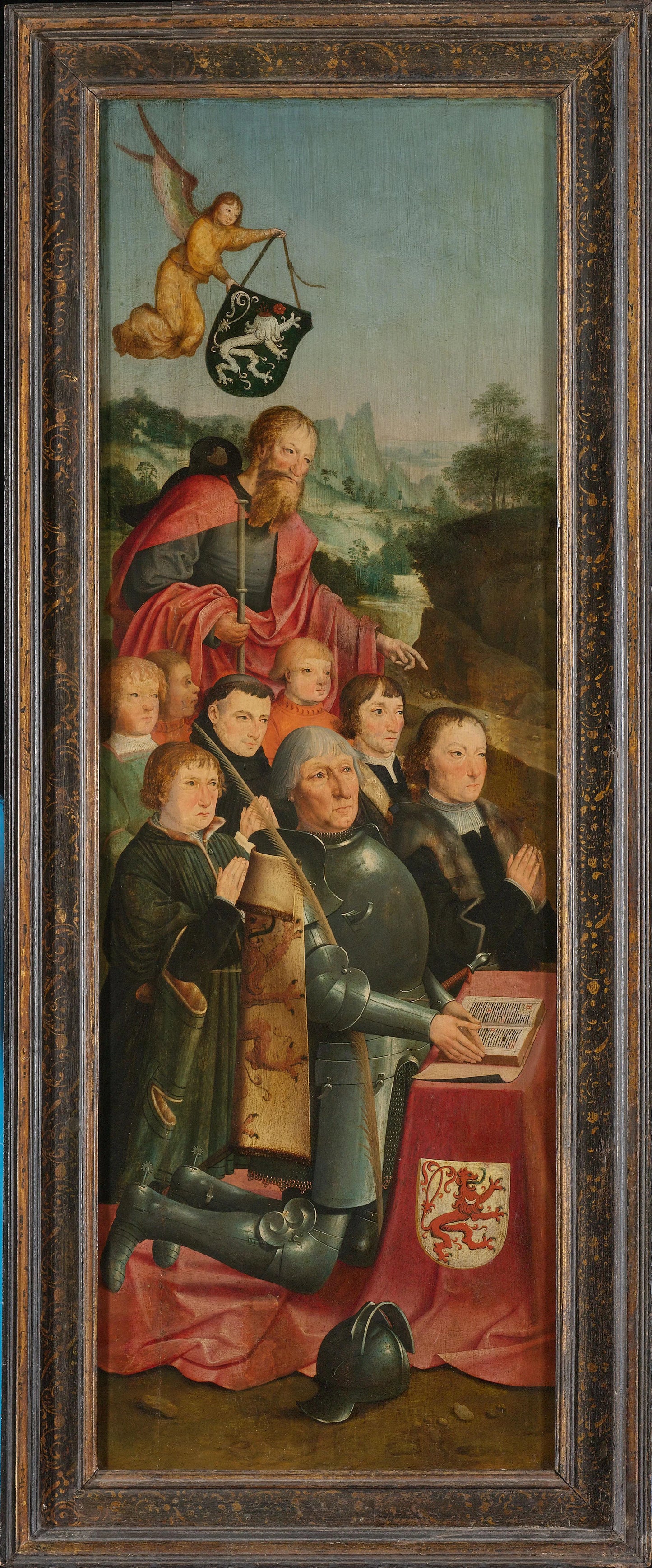 Memorial Panel with Eight Male Portraits, probably Willem Jelysz van Soutelande and Family, with Saint James the Greater and the Van Soutelande Family Crest, inner left wing of an altarpiece – Master of Alkmaar Vintage Portrait Art Print | Wall Art Poster