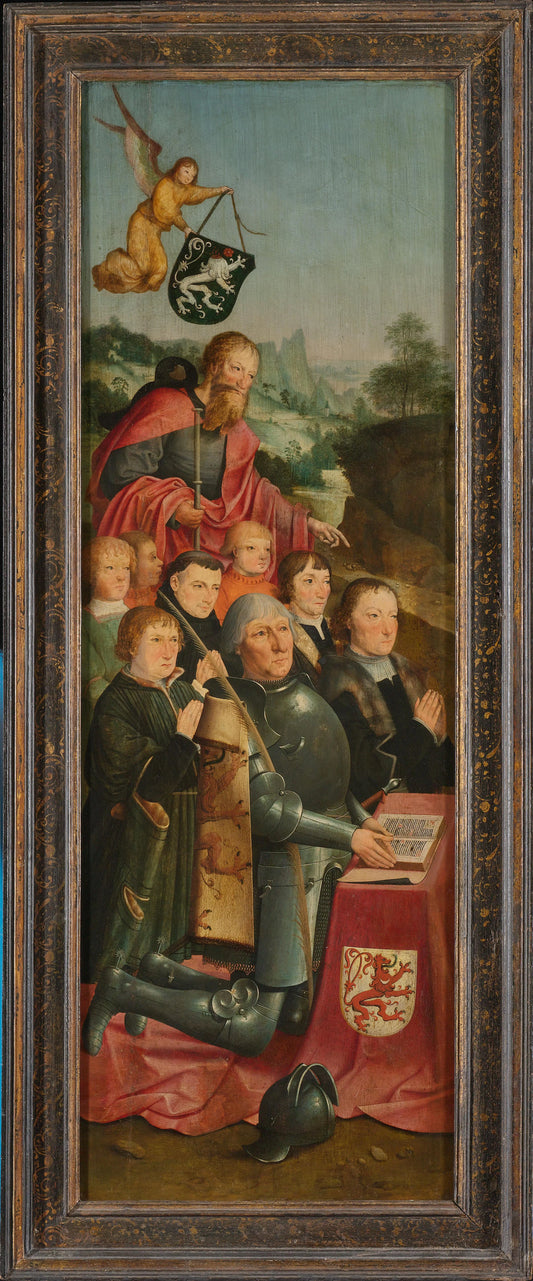 Memorial Panel with Eight Male Portraits, probably Willem Jelysz van Soutelande and Family, with Saint James the Greater and the Van Soutelande Family Crest, inner left wing of an altarpiece – Master of Alkmaar Vintage Portrait Art Print | Wall Art Poster