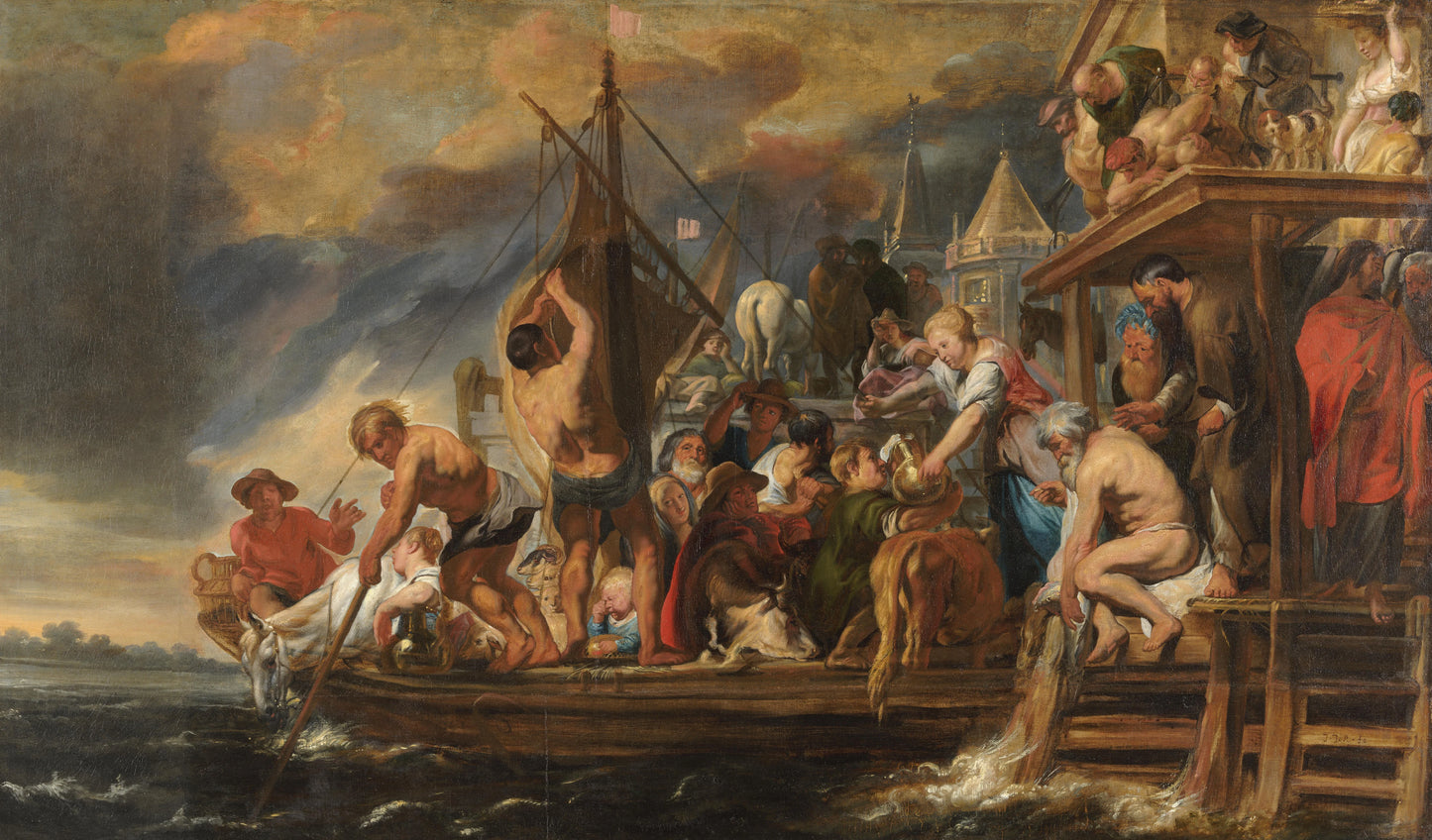 A Ferry Departs as St Peter Finds a Coin in the Mouth of a Fish – Jacques Jordaens, workshop of Jacques Jordaens Vintage Cityscape Art Print | Wall Art Poster
