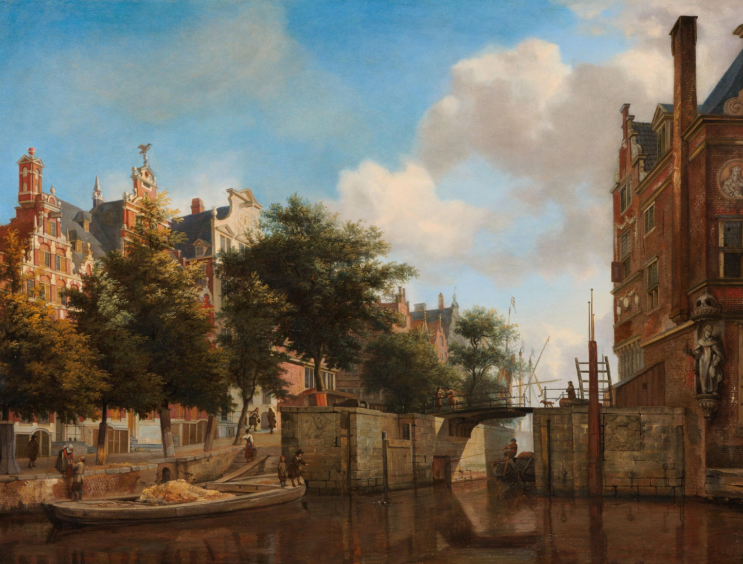 The Nieuwe Zijds Voorburgwal with the Oude Haarlemmersluis, Amsterdam (with Topographical Liberties) – Jan van der Heyden Vintage River Scene Art Print | Wall Art Poster